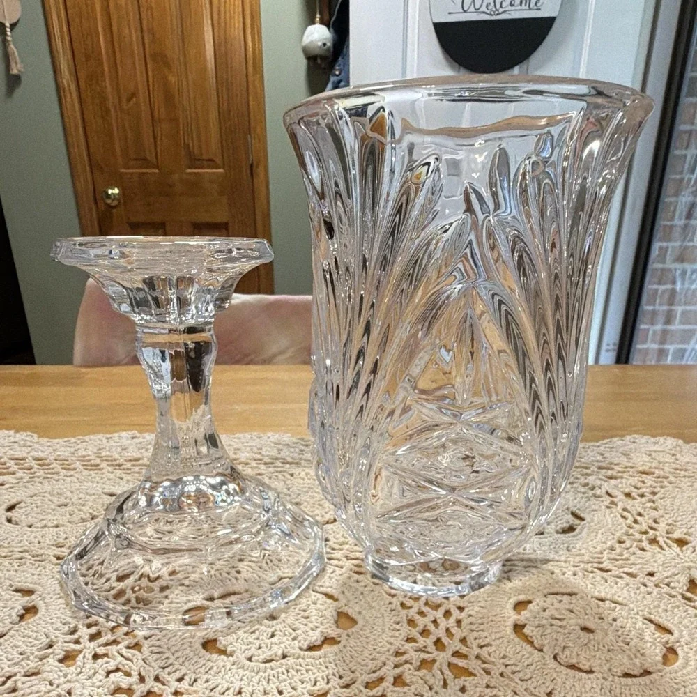 Crystal Hurricane Candle Holder 2 Piece Pedestal Base Cut Glass Centerpiece